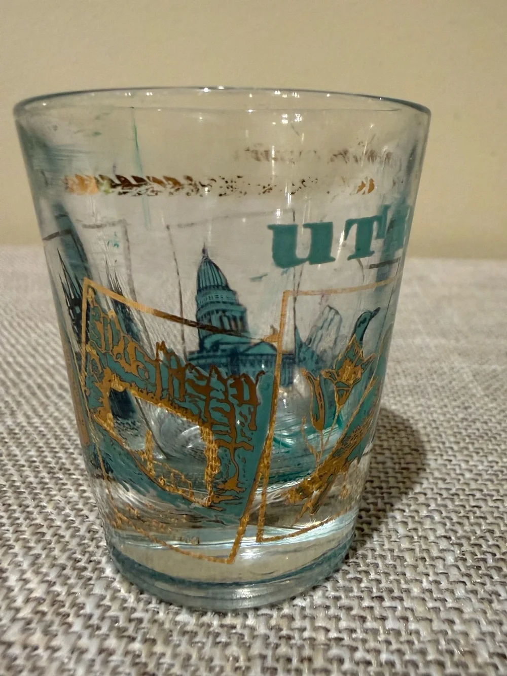 Vintage 1960s 1970s Utah Souvenir Shot Glass Teal Gold MCM Travel State